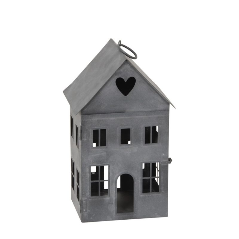 Lanterne Maison en Métal Gris 12x10xH22cm