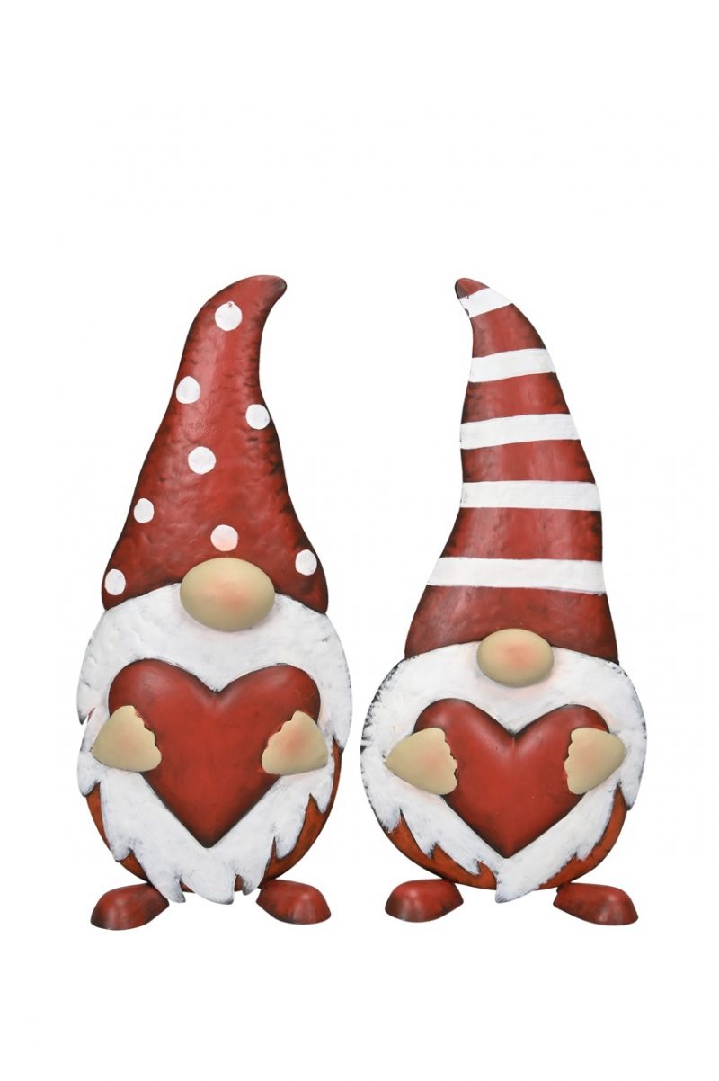 Gnome en Métal Rouge et Blanc avec Coeur 18x9xH40,5cm, 2 Modèles au Choix