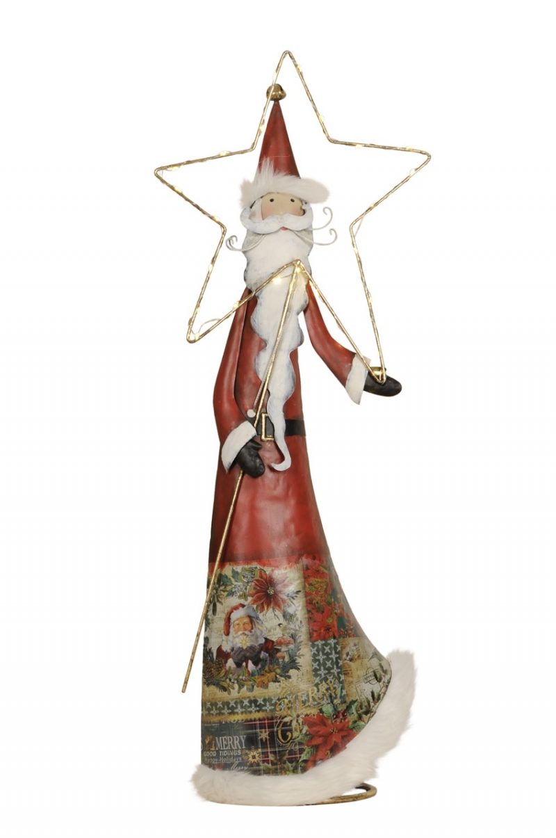 Père Noël en Métal Rouge et Blanc avec Etoile à LED 26x12xH68cm