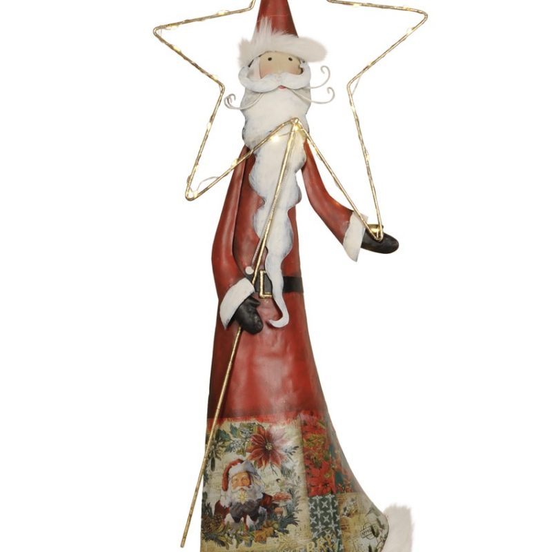 Père Noël en Métal Rouge et Blanc avec Etoile à LED 26x12xH68cm