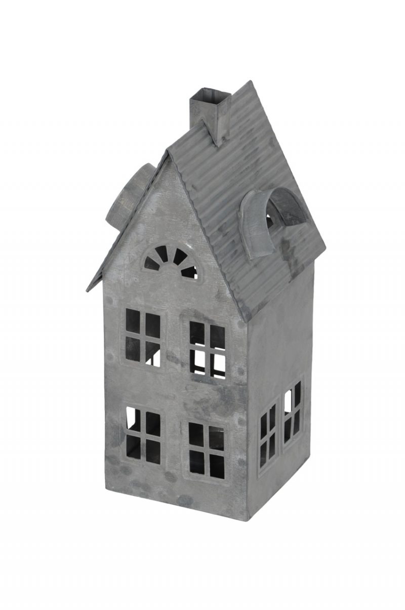 Lanterne Maison en Métal Gris Vieilli  10x9xH23cm