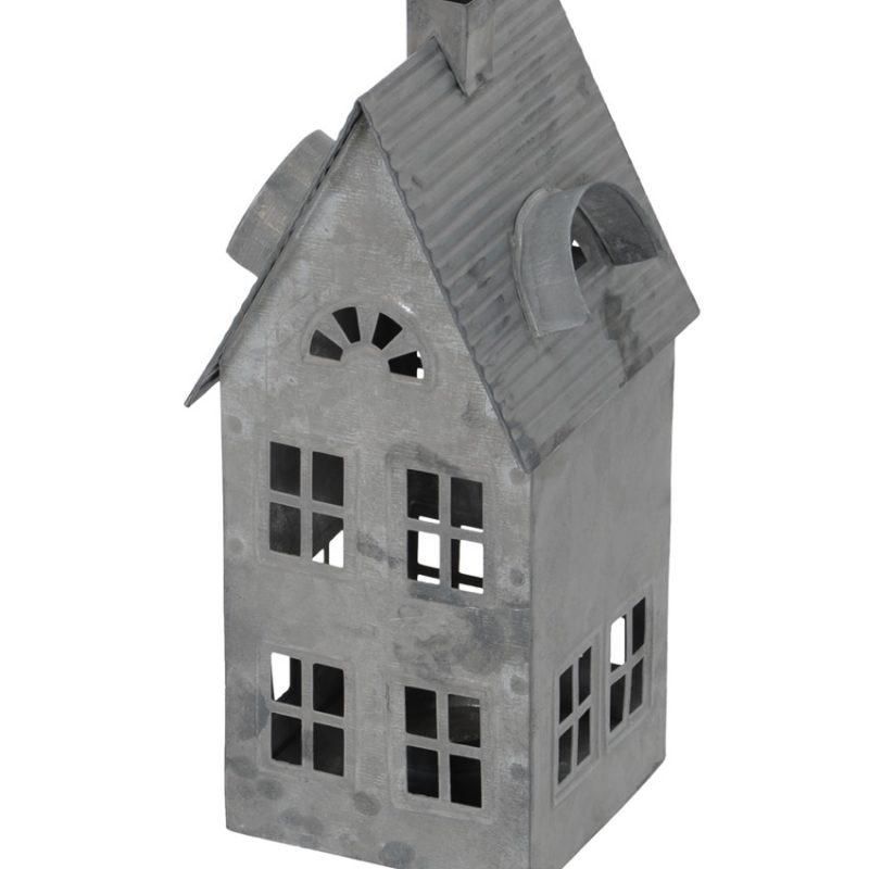 Lanterne Maison en Métal Gris Vieilli  10x9xH23cm
