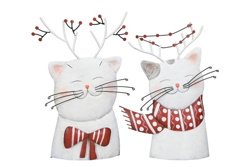 Chat Décoratif en Métal Rouge et Blanc 24x10xH38cm, 2 Modèles au Choix