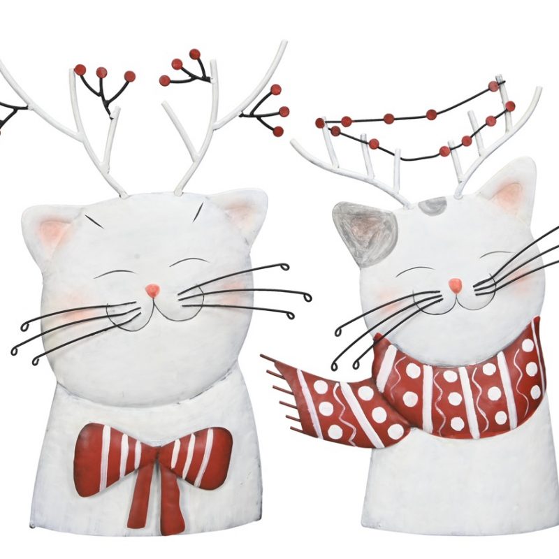 Chat Décoratif en Métal Rouge et Blanc 24x10xH38cm, 2 Modèles au Choix