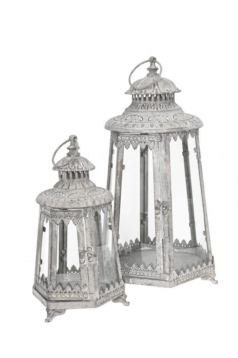 Lanterne en Métal Gris Antique 21x22xH44cm