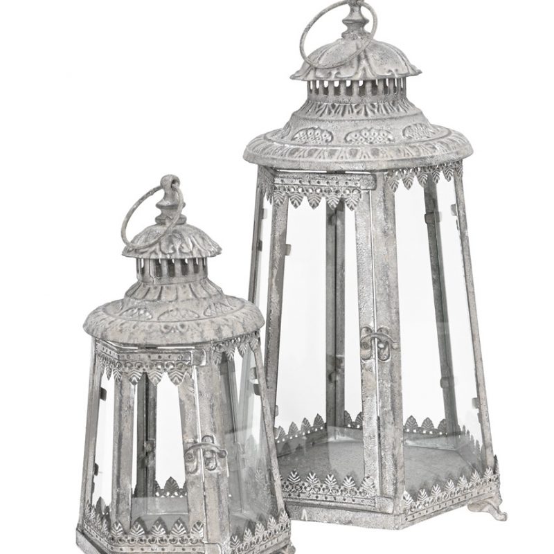 Lanterne en Métal Gris Antique 21x22xH44cm + 5,5cm