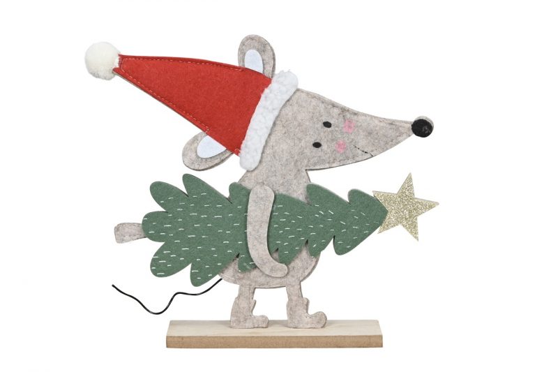 Souris en Feutrine avec Sapin sur Socle en Bois 27x5xH22cm