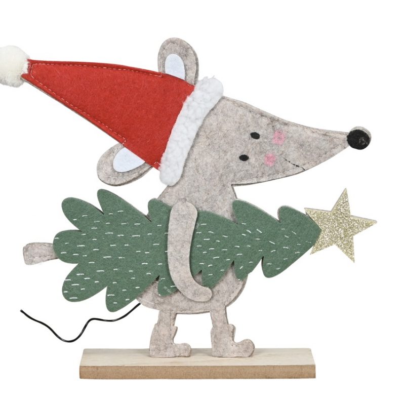 Souris en Feutrine avec Sapin sur Socle en Bois 27x5xH22cm