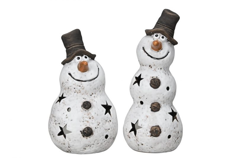 Photophore Bonhomme de Neige en Céramique Blanc et Noir ø8,5xH17,5cm, 2 Modèles au Choix