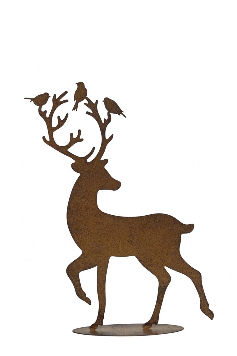 Cerf avec Oiseaux sur Socle en Métal Rouillé 29,5x7xH39,5cm