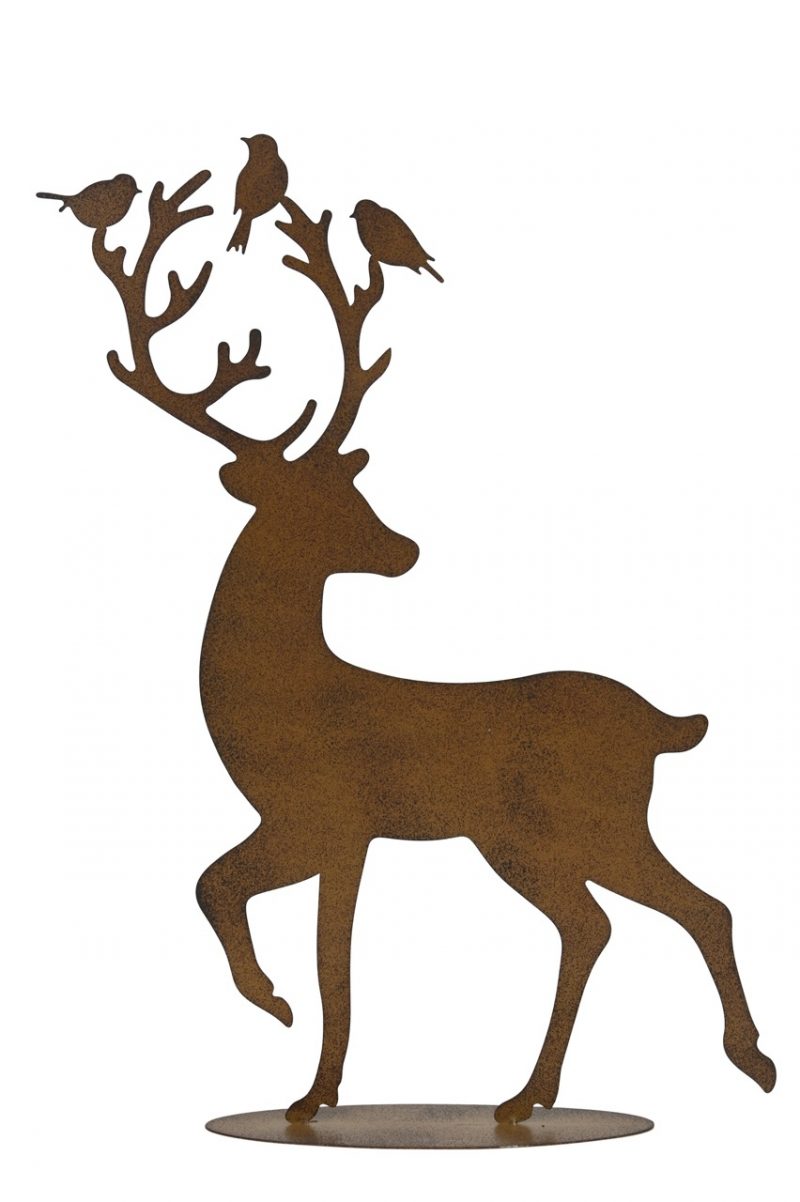 Cerf avec Oiseaux sur Socle en Métal Rouillé 38,5x8xH52cm