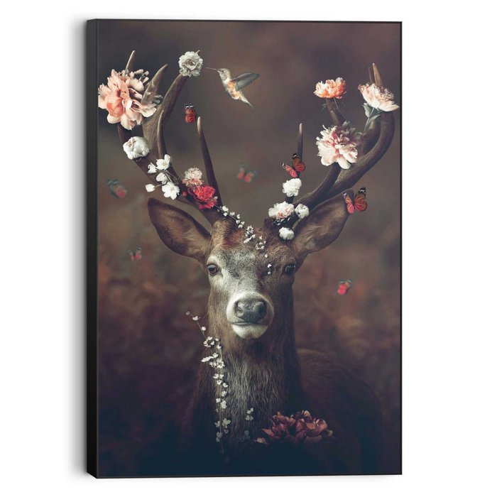 Peinture d'Art Encadrée "Cerf Floral" 90x60cm