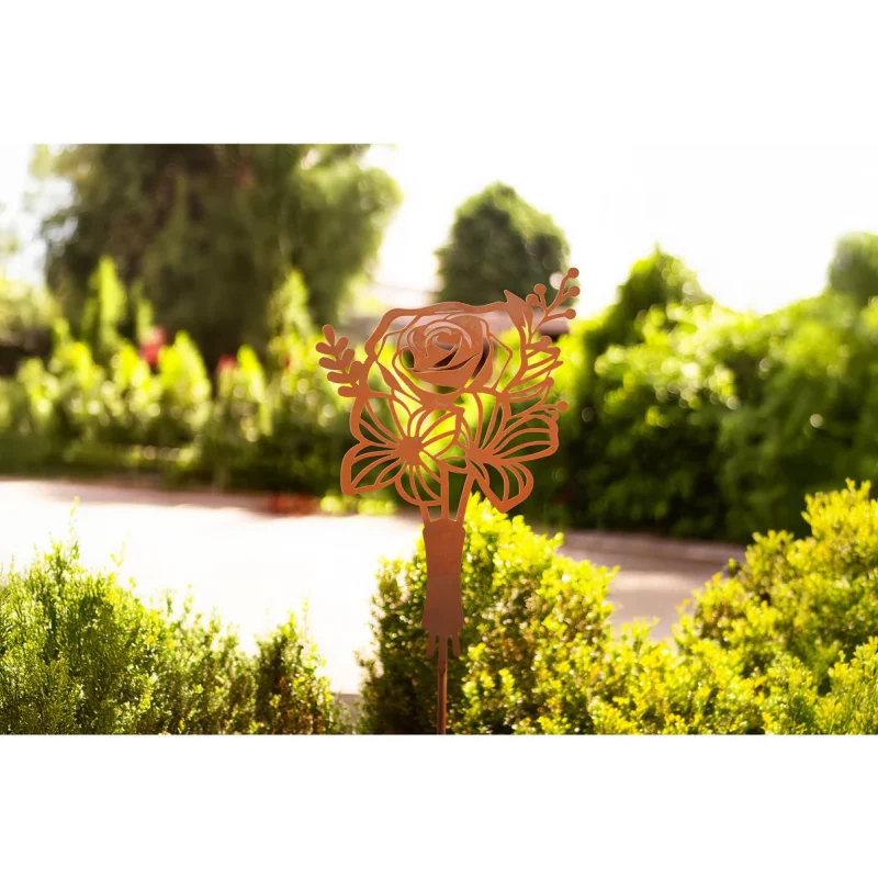 Piquet Bouquet de Fleurs en Métal Rouillé 24xH.40cm + 100cm – Image 3