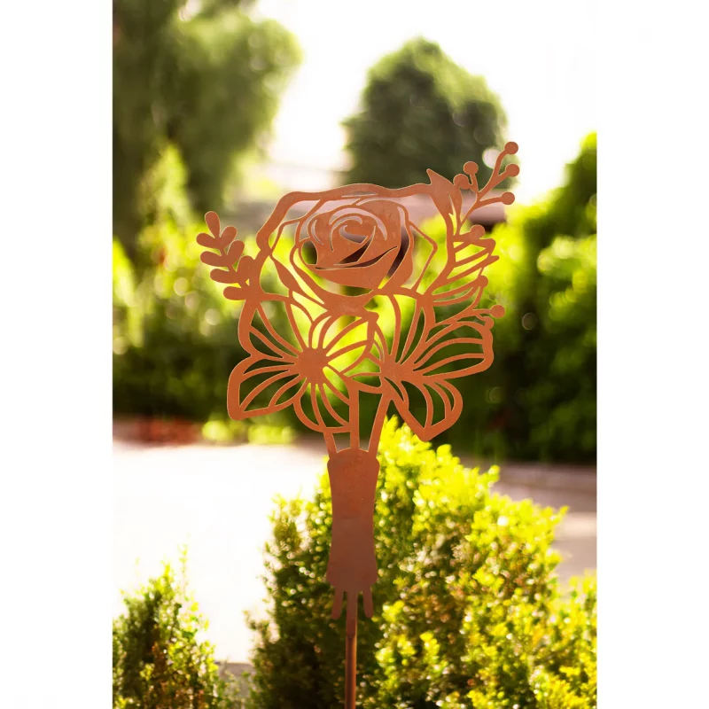 Piquet Bouquet de Fleurs en Métal Rouillé 24xH.40cm + 100cm – Image 2