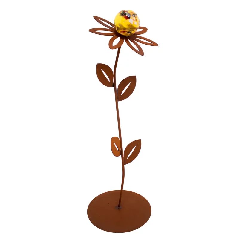 Fleur "Anna" sur Socle en Métal Rouillé, 1 Boule en Verre ø7cm, Divers Coloris, ø22xH.77cm