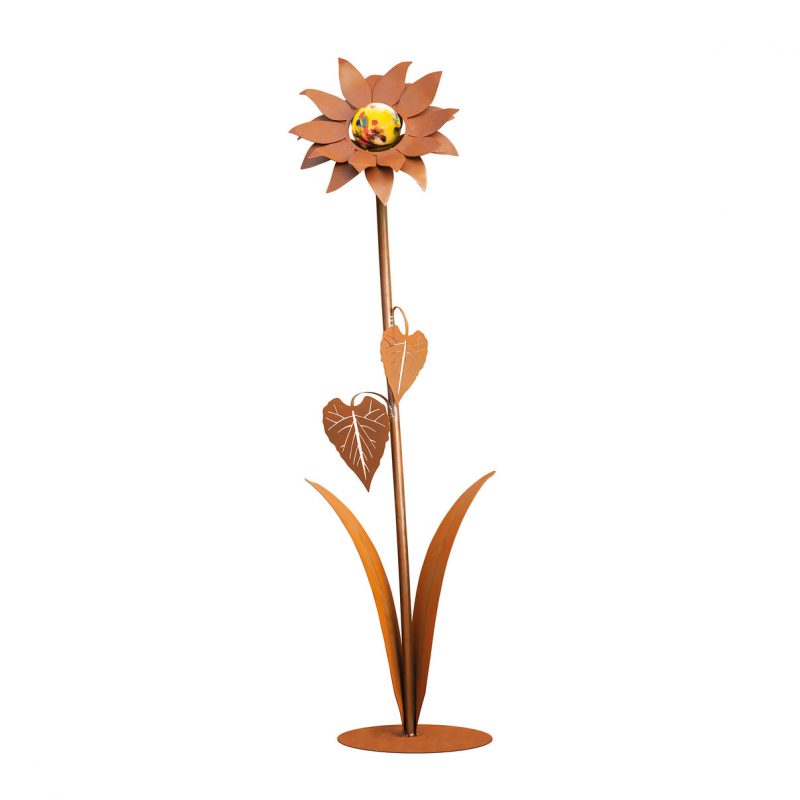 Tournesol sur Socle, en Métal Rouillé, avec Boule de 7cm en Verre Jaune, 30xH.112cm