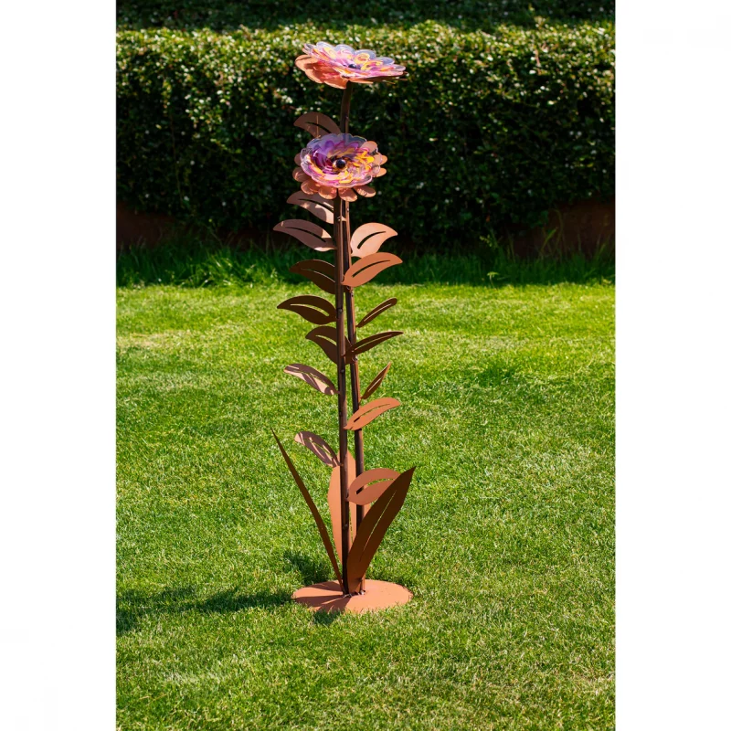 Fleurs "Zoé" sur Socle en Métal Rouillé, 1 Fleur en Verre ø23cm et 1 Fleur en Verre ø16,5cm, Divers Coloris, ø44xH.116cm – Image 8