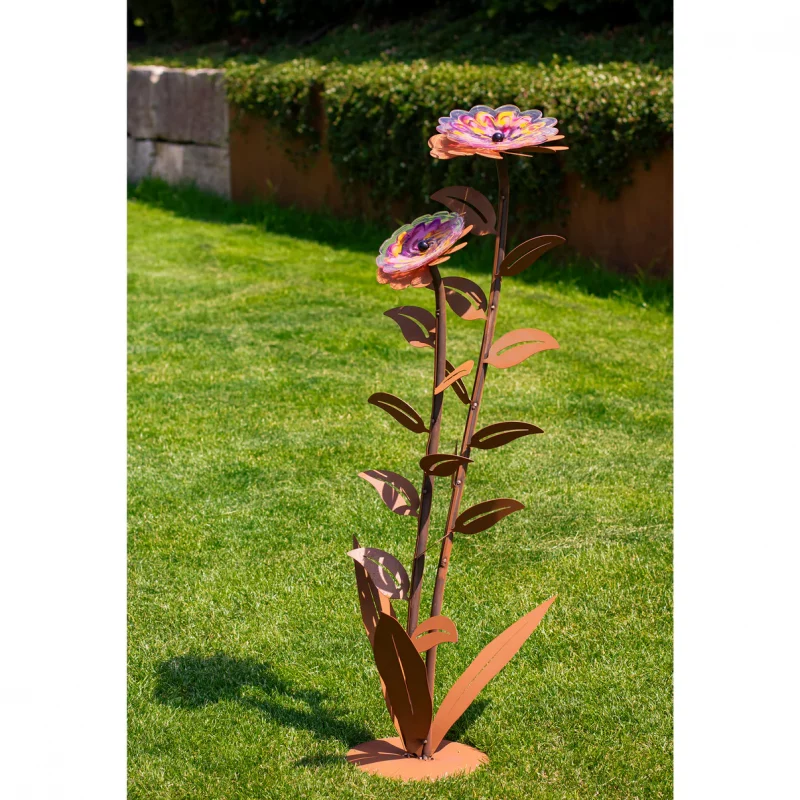 Fleurs "Zoé" sur Socle en Métal Rouillé, 1 Fleur en Verre ø23cm et 1 Fleur en Verre ø16,5cm, Divers Coloris, ø44xH.116cm