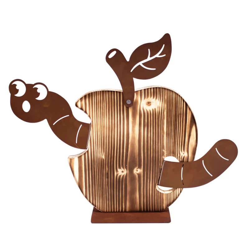 Pomme en Bois avec un Vers sur Socle en Métal Rouillé 43xH.35cm