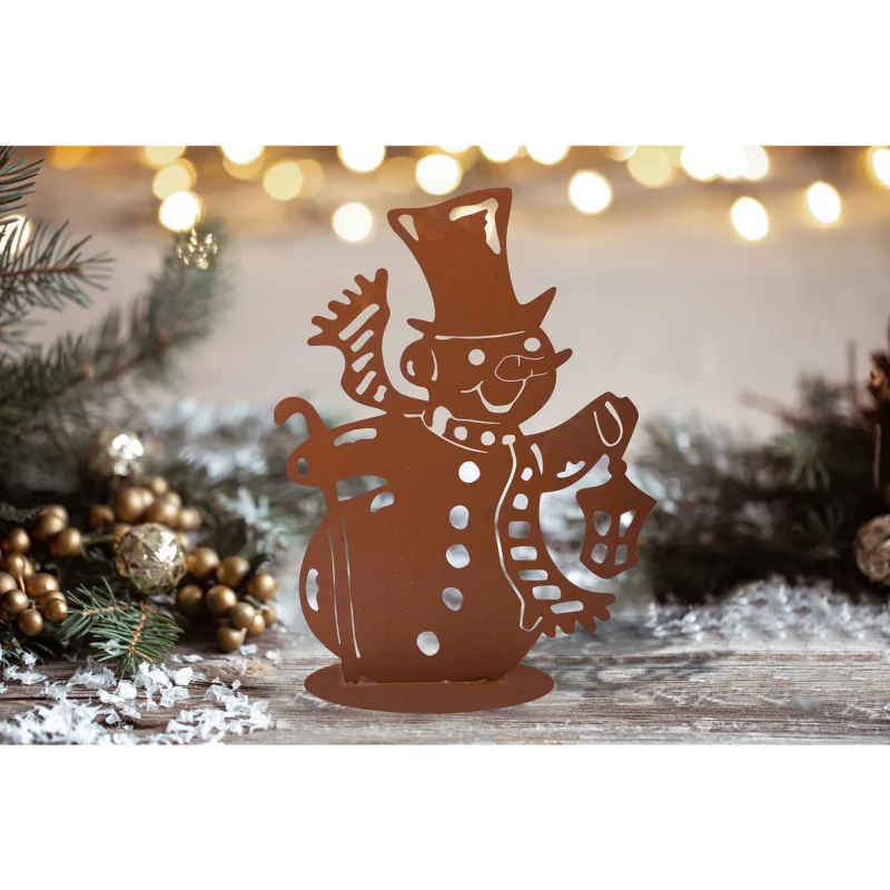 Bonhomme de Neige sur Socle avec Lanterne, en Métal Rouillé 42xH.60cm – Image 2