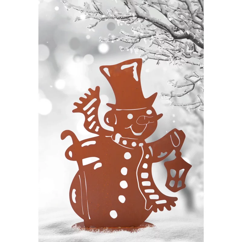 Bonhomme de Neige sur Socle avec Lanterne, en Métal Rouillé 42xH.60cm