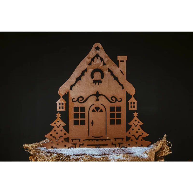 Chalet de Noël sur Socle en Métal Rouillé 41xH.39cm