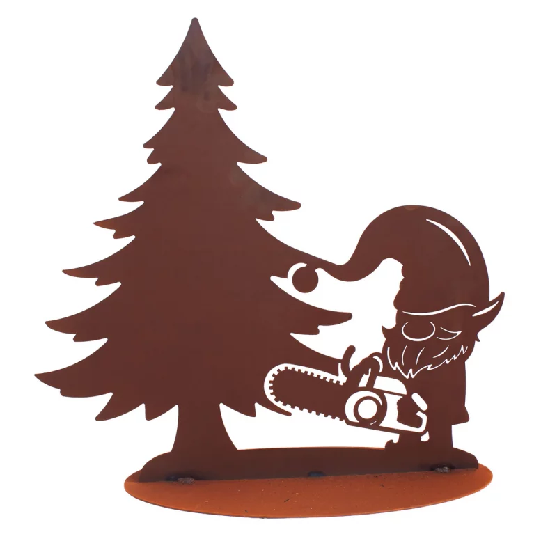 Lutin Bûcheron avec Sapin sur Socle en Métal Rouillé 30xH.29cm