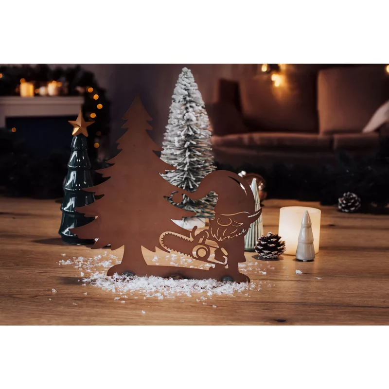 Lutin Bûcheron avec Sapin sur Socle en Métal Rouillé 30xH.29cm – Image 2