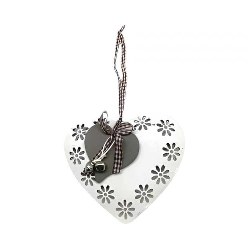Pendentif Coeur en Métal Blanc et Gris 10,5x9cm