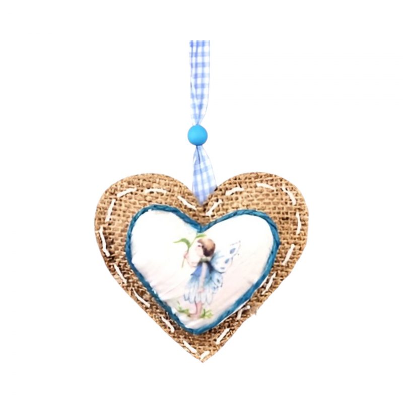 Pendentif Coeur en Tissu et Jute Décor Fée Bleu Clair 10x9,5cm