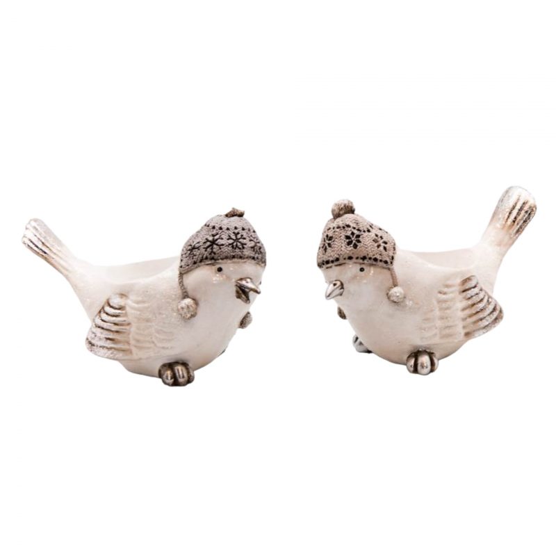 Bougeoir Oiseau Bonnet d'Hiver en Poly Gris et Blanc, 2 Modèles au Choix 14x8xH.10 cm