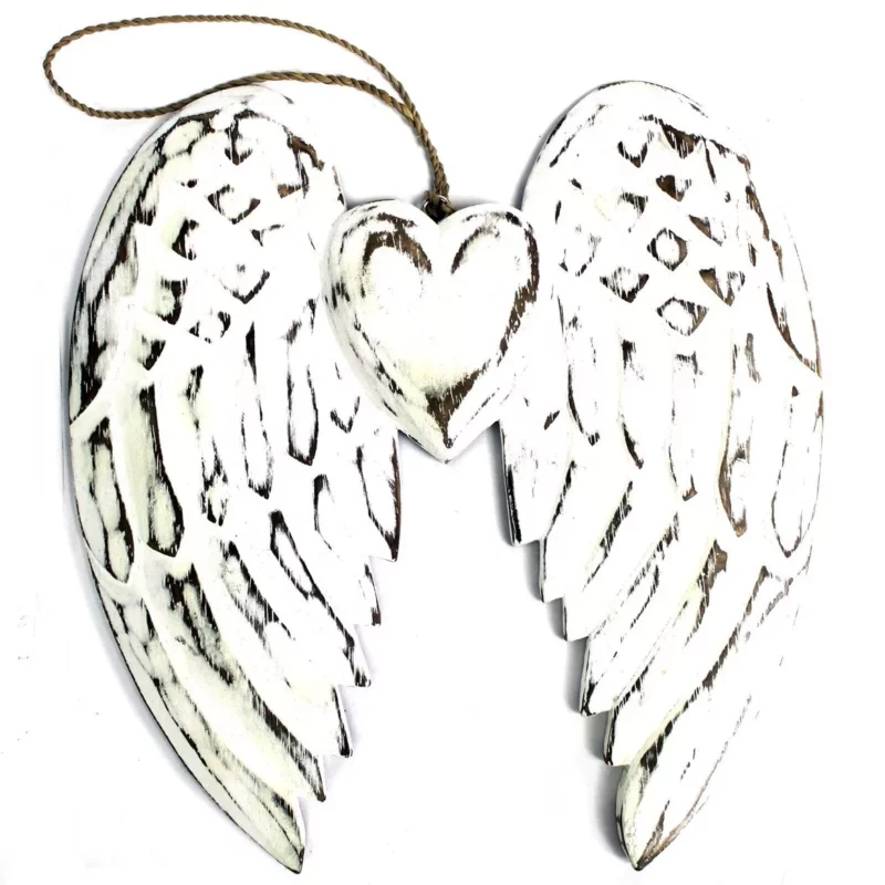 Pendentif Aile d'Ange avec Coeur en Bois Fait Main 1,5x22x24cm