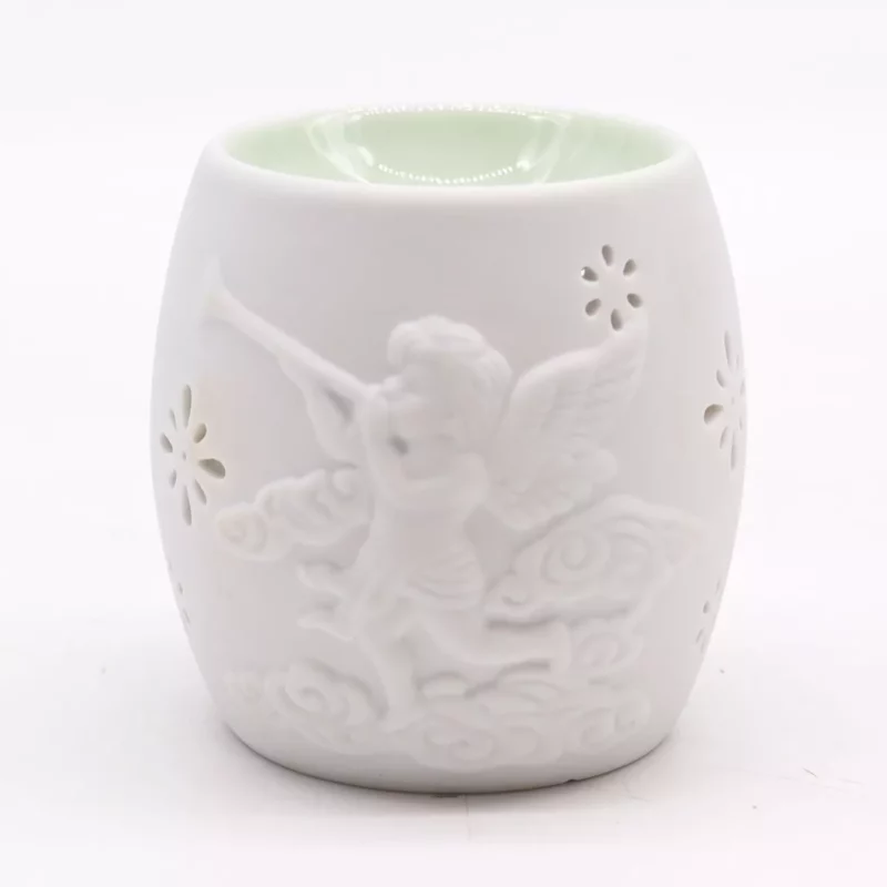 Brûle Parfum en Porcelaine Blanche Décor Anges 7x8,5cm, 3 Modèles au Choix