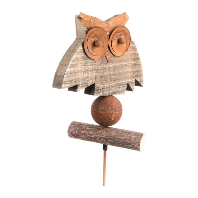 Piquet Hibou en Bois et Métal Rouillé 18x5xH109cm