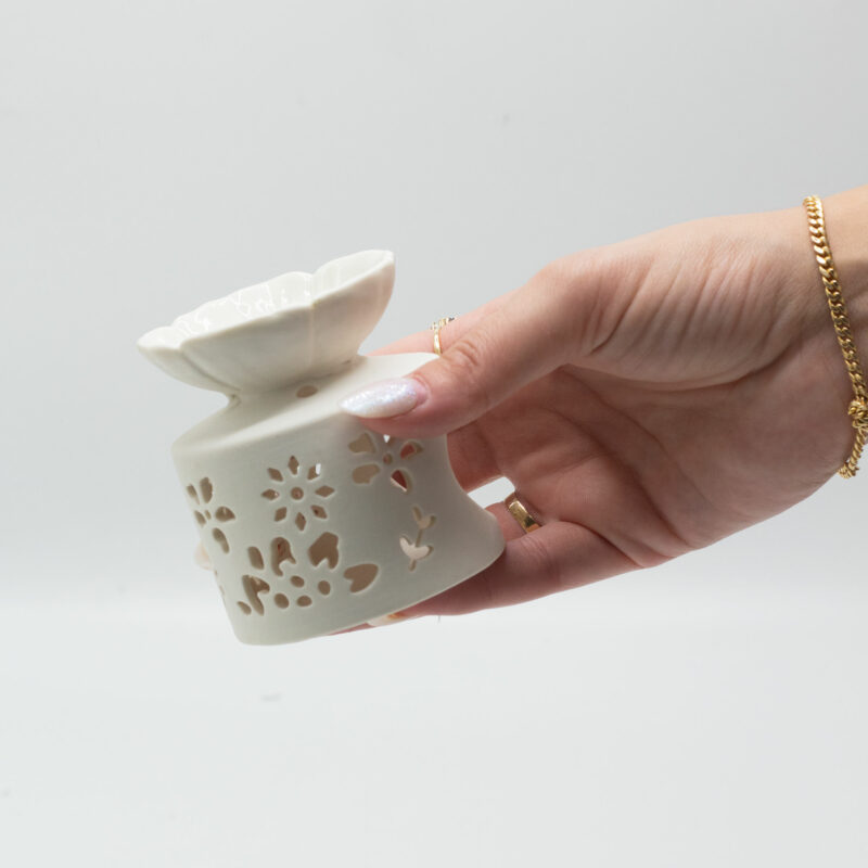 Brûle Parfum en Céramique Blanche Mat, Oiseaux et Fleurs – Image 4