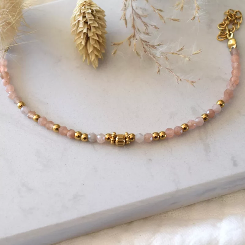 Bracelet en Perles d'Acier Inoxydable Doré à l'Or Fin 3mm et Perles à Facettes Orangées 3mm – Image 6