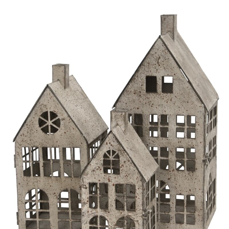 Photophore Maison en Métal Gris Vieilli 18,5x17,5xH.40,5cm