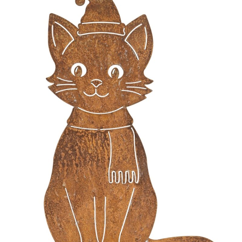 Chat de Noël sur Socle en Métal Rouillé 20,5x7,5xH.30,5cm