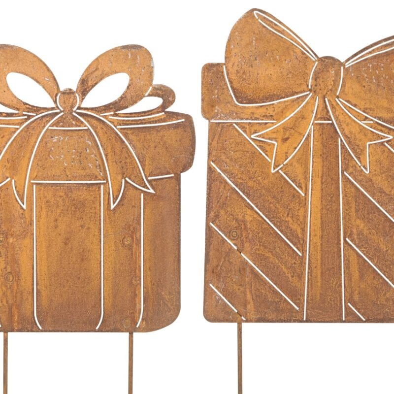 Piquet Cadeaux de Noël en Métal Rouillé, 2 Modèles au Choix, 22xH.26cm + 12cm