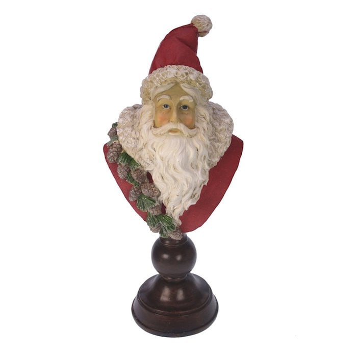 Buste Père Noël Rouge sur Pied en Bois et Polyrésine 18x13x41cm