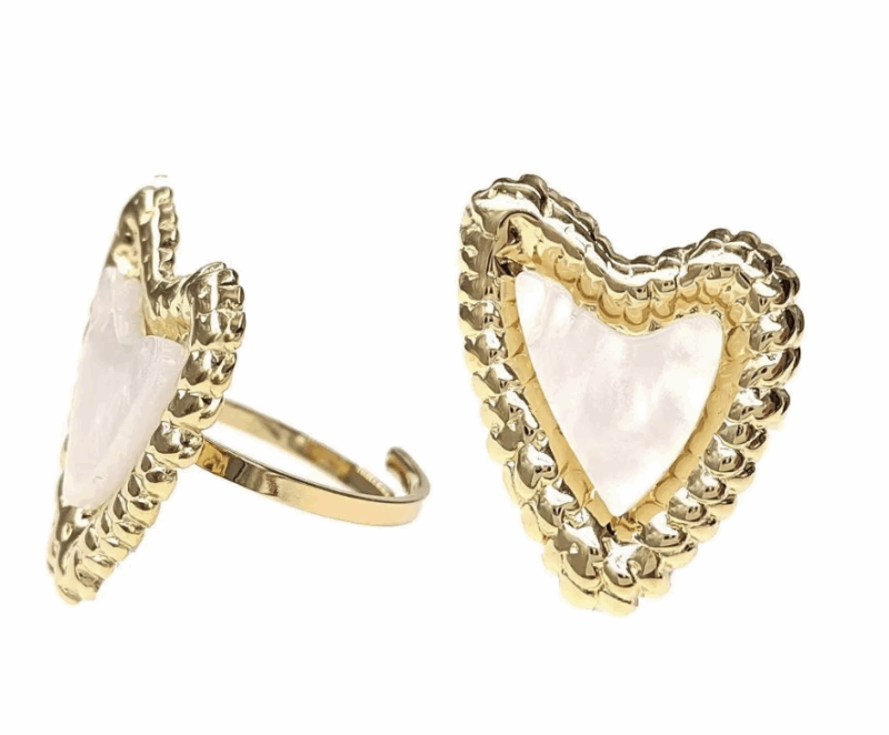 Bague Coeur Dorée et Blanche Ajustable – Image 2