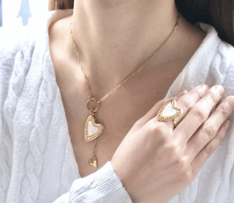 Bague Coeur Dorée et Blanche Ajustable – Image 3
