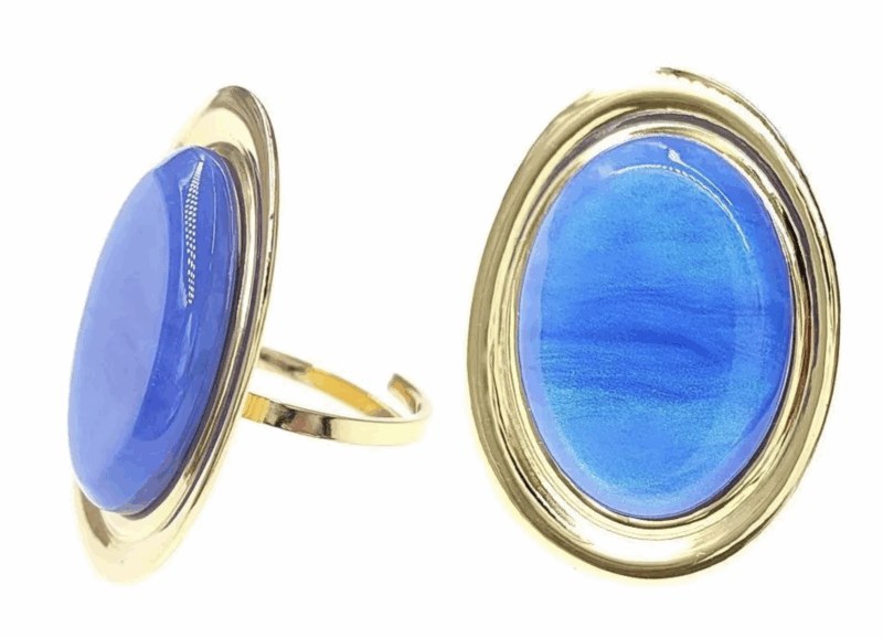 Bague Ovale Dorée et Résine Bleue, Ajustable, Acier Inoxydable