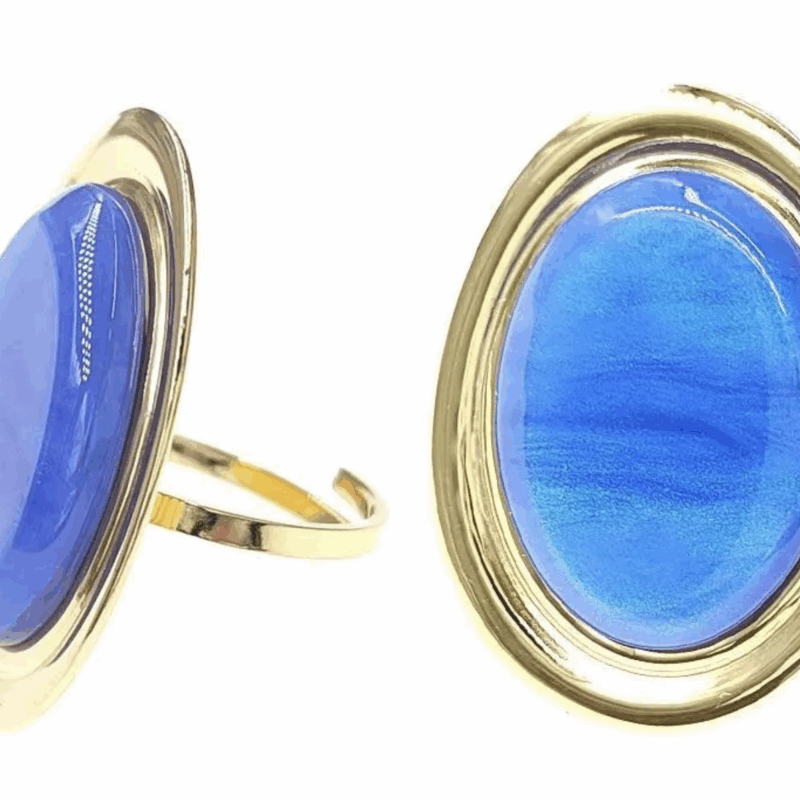 Bague Ovale Dorée et Résine Bleue, Ajustable, Acier Inoxydable