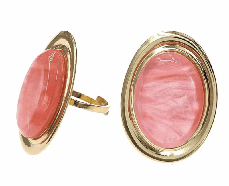 Bague Ovale Dorée et Résine Corail, Ajustable, Acier Inoxydable