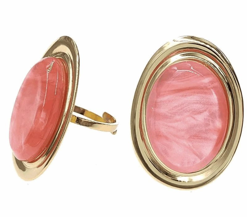 Bague Ovale Dorée et Résine Corail, Ajustable, Acier Inoxydable