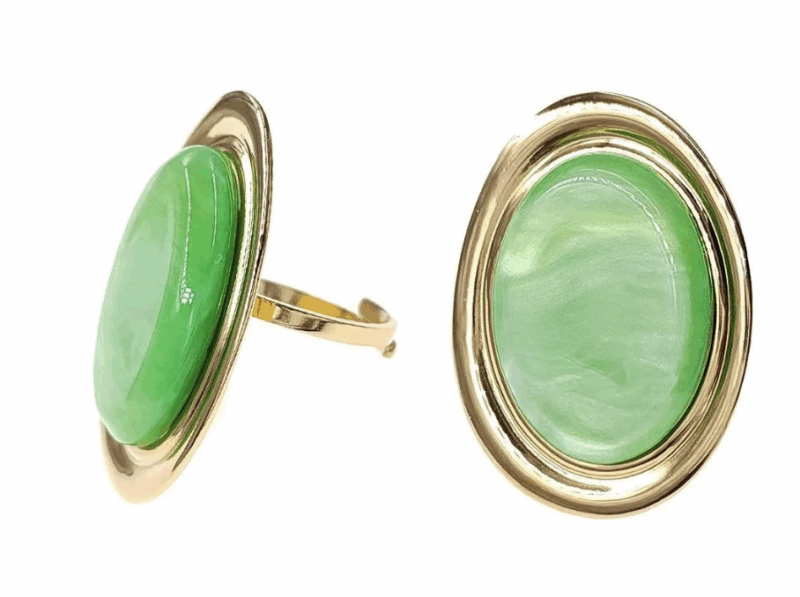 Bague Ovale Dorée et Résine Verte, Ajustable, Acier Inoxydable