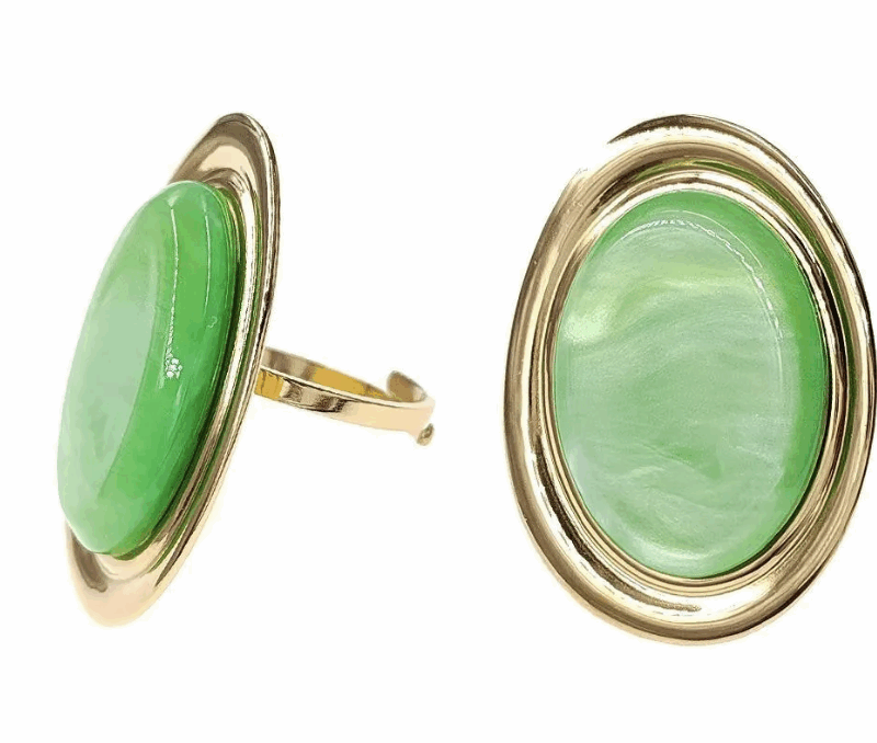 Bague Ovale Dorée et Résine Verte, Ajustable, Acier Inoxydable