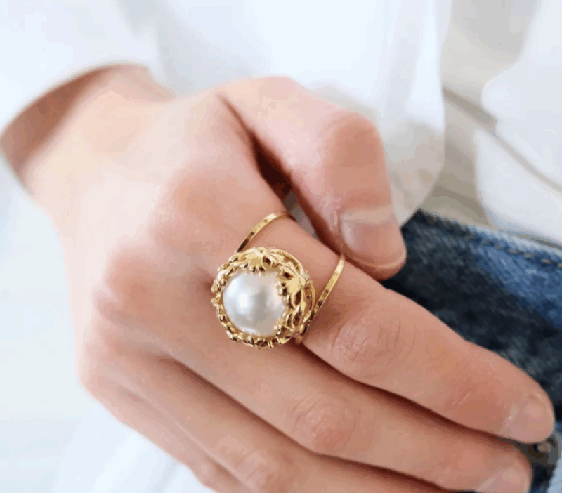 Bague Dorée et Perle Blanche, Ajustable, Acier Inoxydable