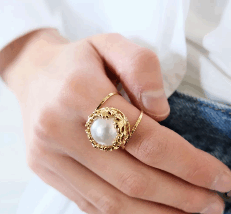 Bague Dorée et Perle Blanche, Ajustable, Acier Inoxydable